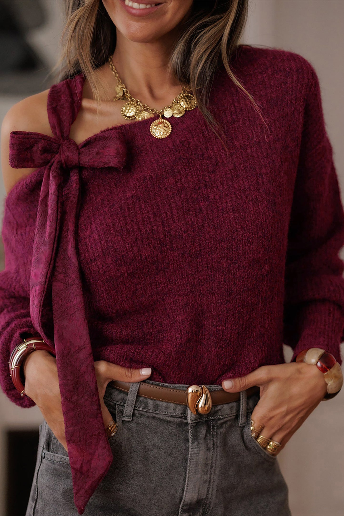 Burgundy Lace Bowknot Asymmetric Neck Sweater