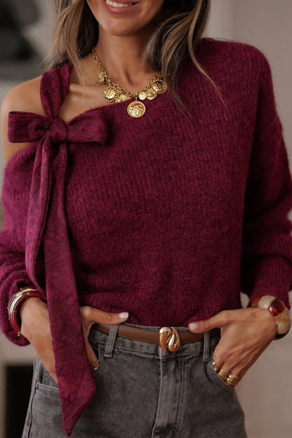 Burgundy Lace Bowknot Asymmetric Neck Sweater