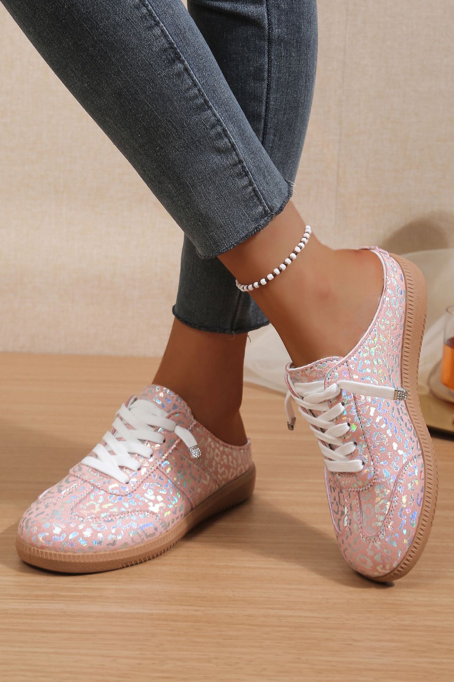 Pink Shiny Leopard Print Lace up Slip On Shoes