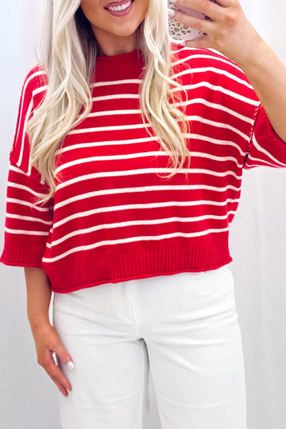 Red Stripe Dropped Shoulder Half Sleeve Relaxed Knit Sweater