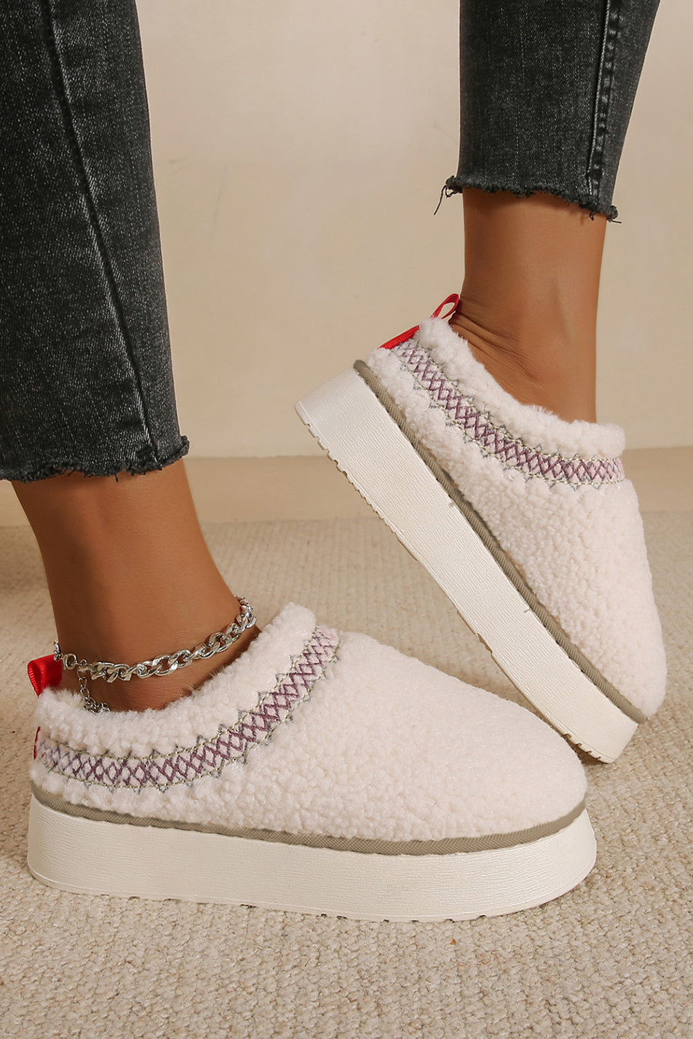 Chestnut Soft Plush Embroidered Detail Flat Platform Slippers