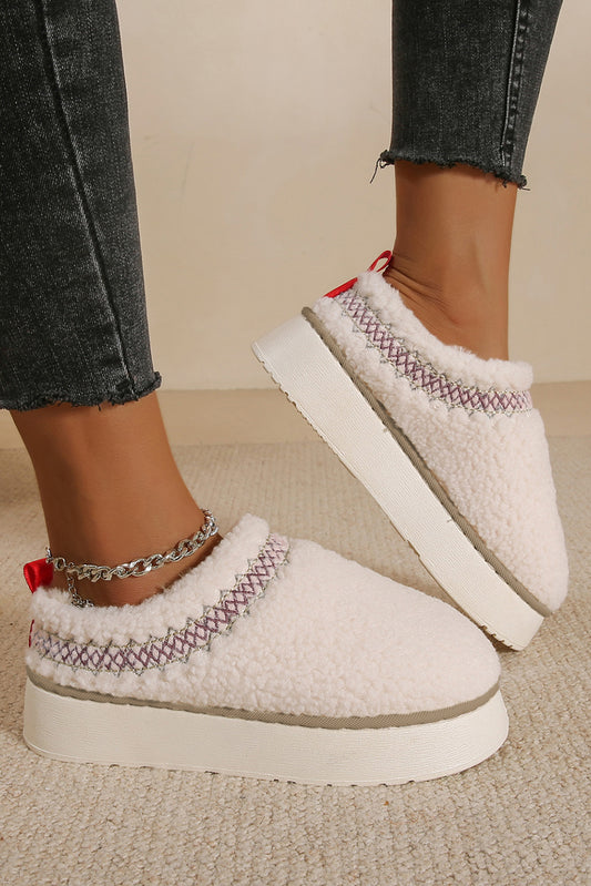White Soft Plush Embroidered Detail Flat Platform Slippers