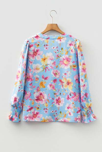 Sky Blue Floral Smocked Cuff Flounce Sleeve V Neck Blouse
