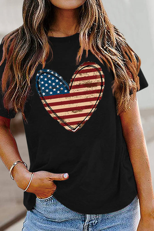 Black American Flag Heart Shape Round Neck Graphic Tee