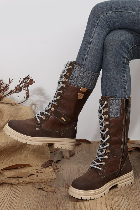 Botas de cuero con cordones y patchwork de punto de lana color café 