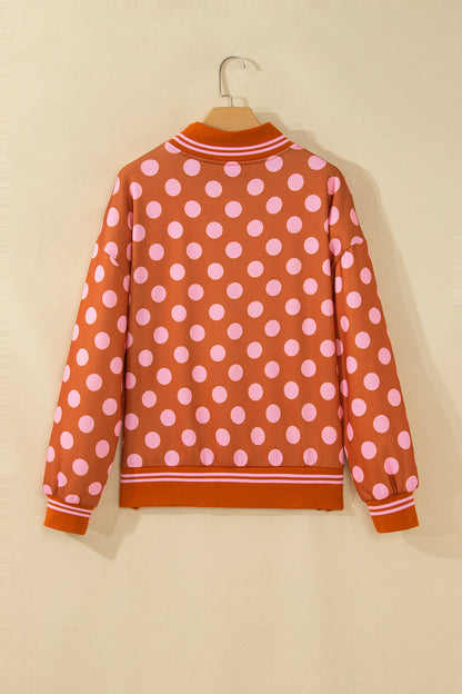 Brown Polka Dot Striped Trim Mock Neck Sweatshirt