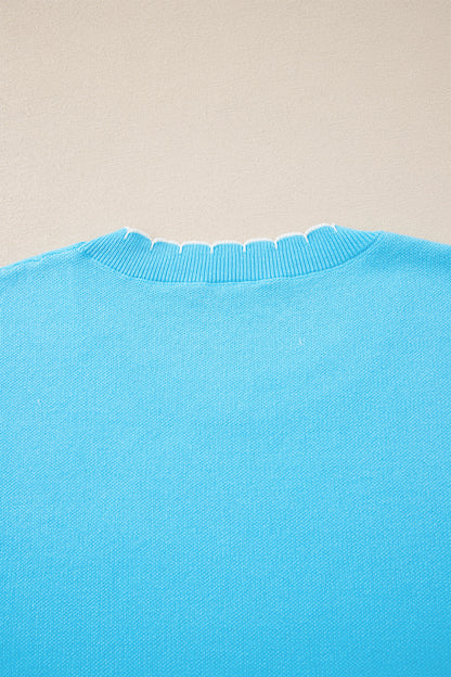 Light Blue Big Ribbon Bow Print Contrast Stitch Trim Drop Shoulder Sweater