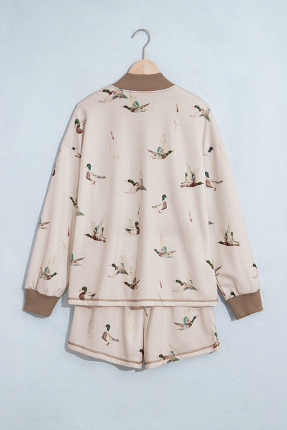 Khaki Mallard Print Color Block Patchwork Zip Pullover and Shorts Set
