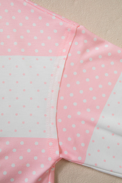 Pink Polka Dot Patchwork Colorblock Long Sleeve Top