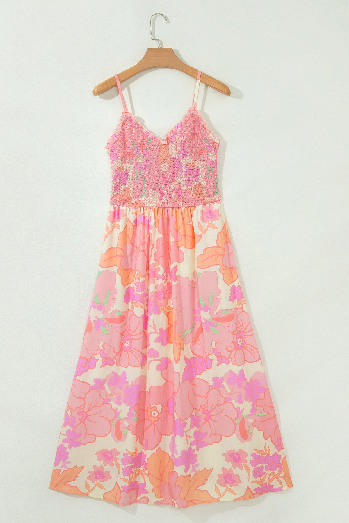 Pink Spaghetti Straps Floral Shirred High Waist Dress