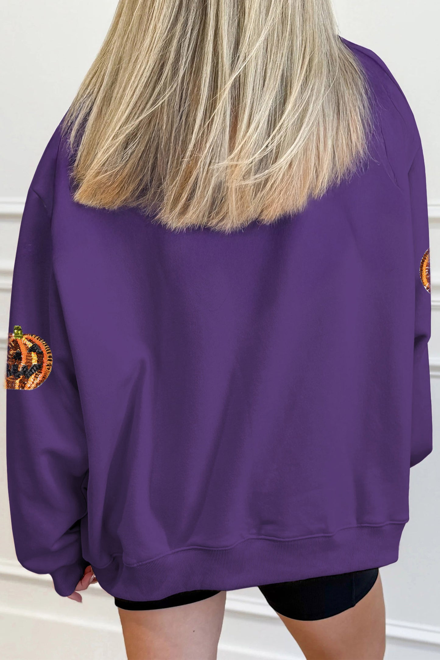 Tillandsia Purple Sequin Pumpkin Spooky Graphic Halloween Pullover Sweatshirt