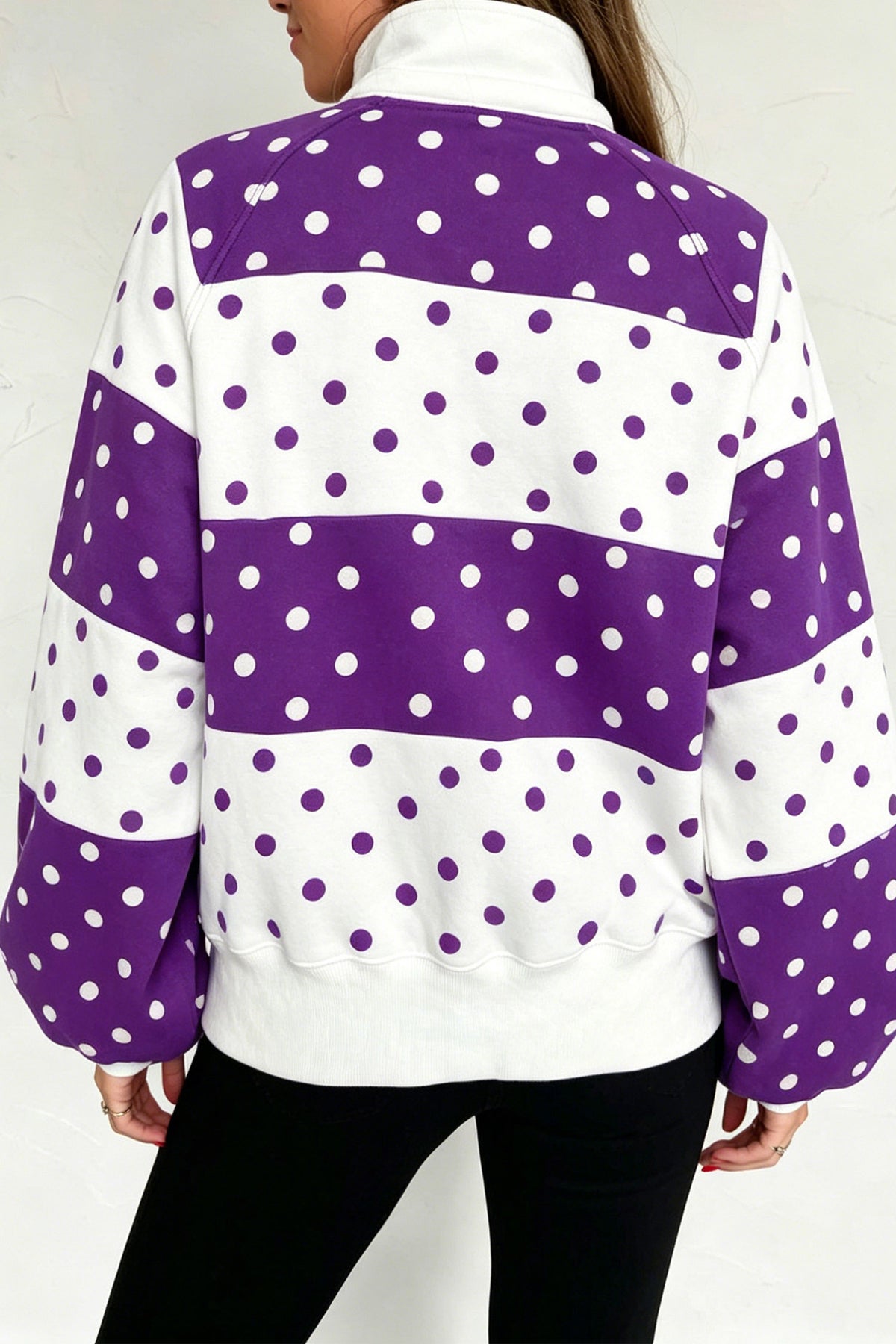 Purple Polka Dot Colorblock Half Zip Puff Sleeve Pullover Sweatshirt