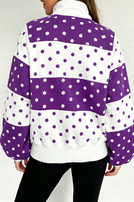 Purple Polka Dot Colorblock Half Zip Puff Sleeve Pullover Sweatshirt