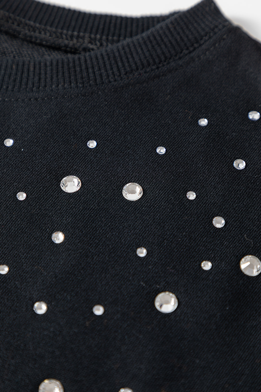 Black Rhinestone Embellished Drop Shoulder Ribbed Cuffs Sweatshirt