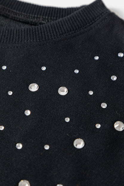 Black Rhinestone Embellished Drop Shoulder Ribbed Cuffs Sweatshirt