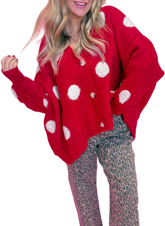 Red Polka Dot Button Front Oversized V Neck Cardigan