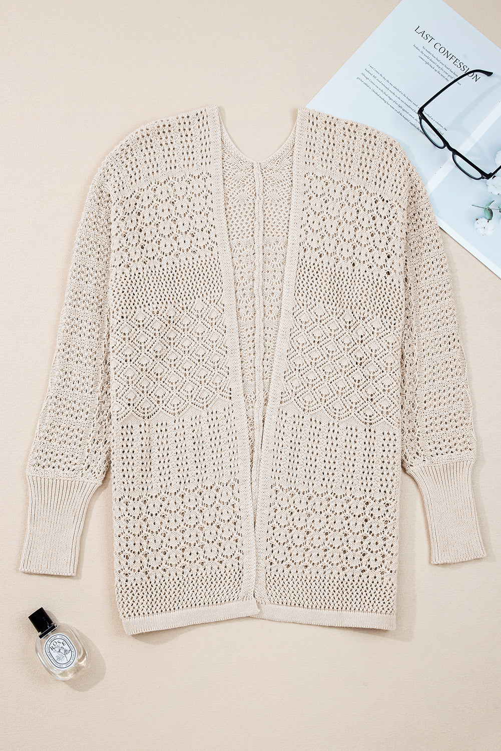 Jet Stream Mix Pattern Hollowed Knit Open Front Cardigan