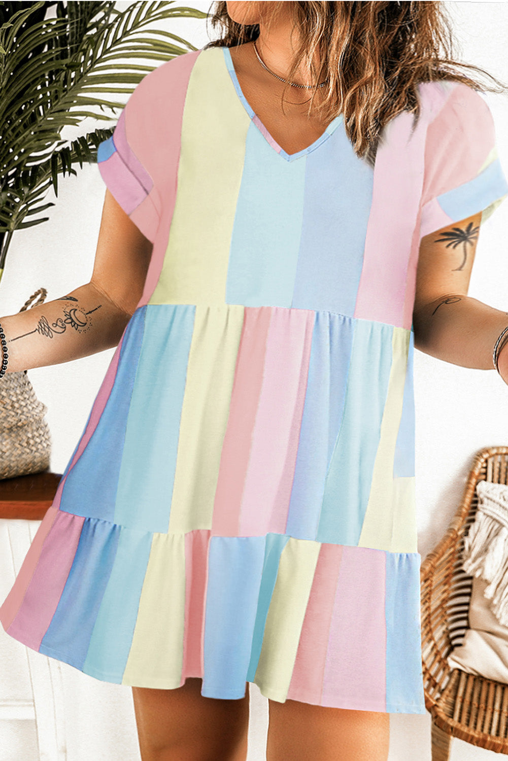 Multicolor Striped Color Block Tiered Mini Dress