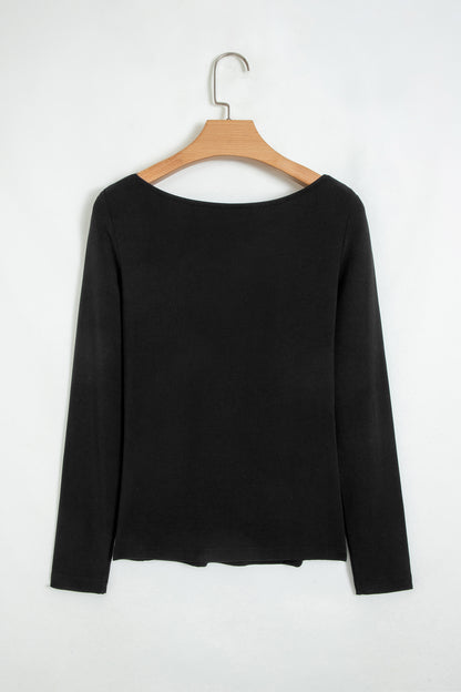 Black Lace Trim Elegant Neckline Long Sleeve Slim Top