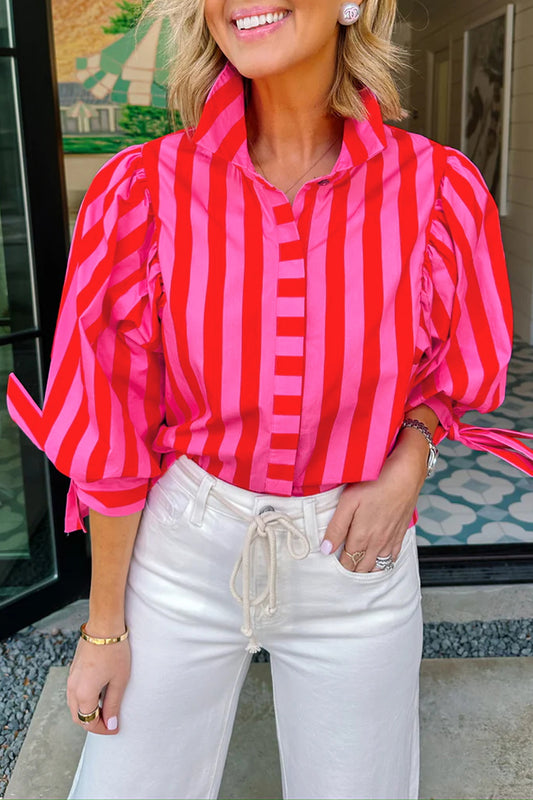 Red Stripe Tie Puff Sleeve Womens Button Down Shirt