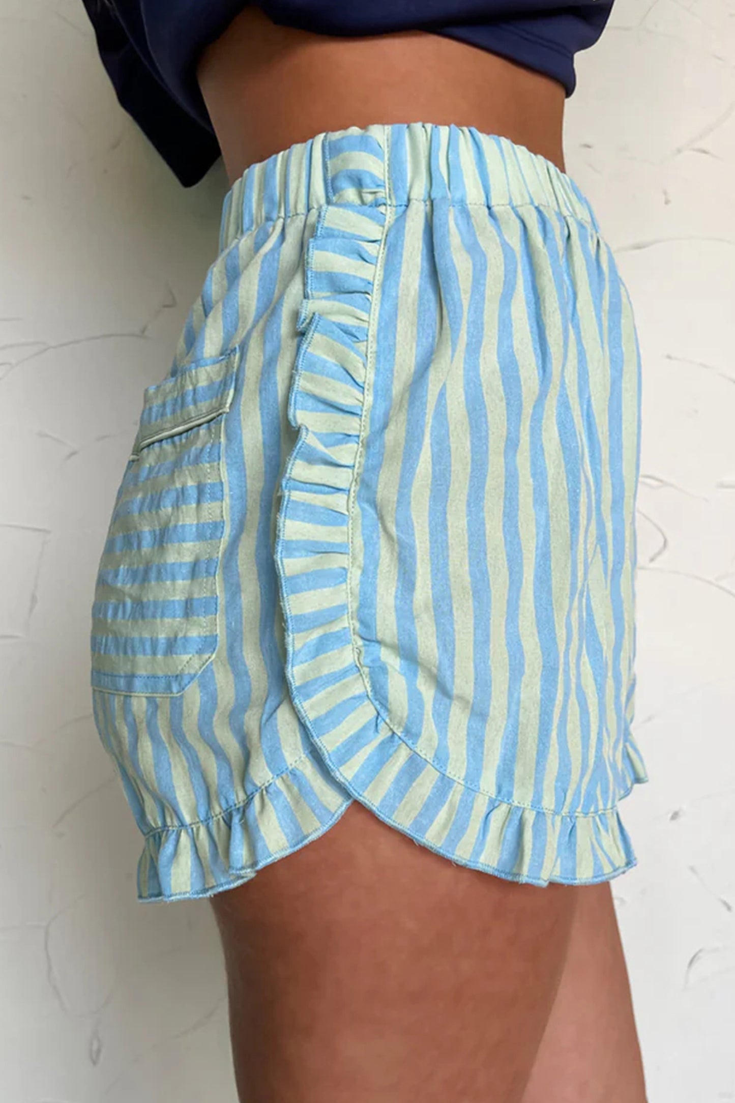 Sky Blue Stripe Elastic Waist Ruffle Trim Casual Shorts