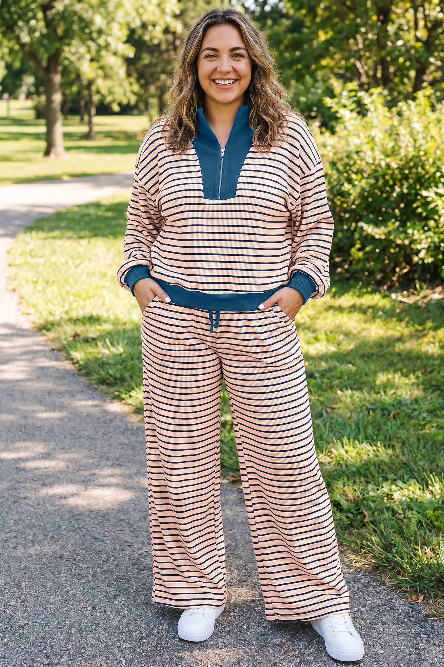 Pink Stripe Striped Colorblock V Neck Long Sleeve Plus Size Set