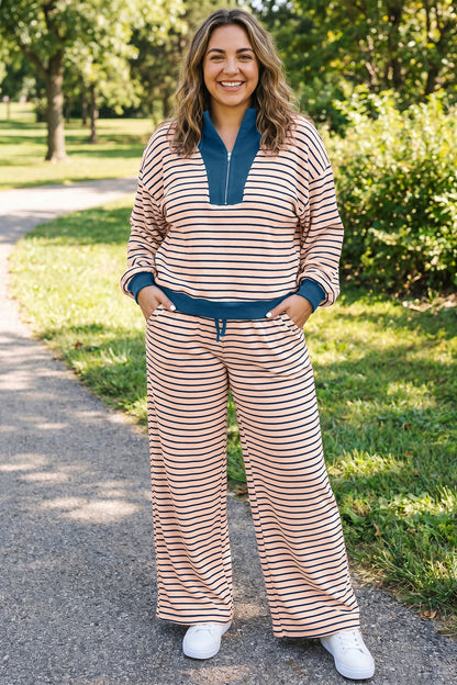Pink Stripe Striped Colorblock V Neck Long Sleeve Plus Size Set