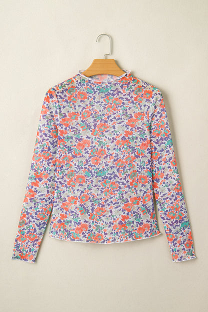 Blue Floral Print Slim Fit Mesh Long Sleeve Mock Neck Top