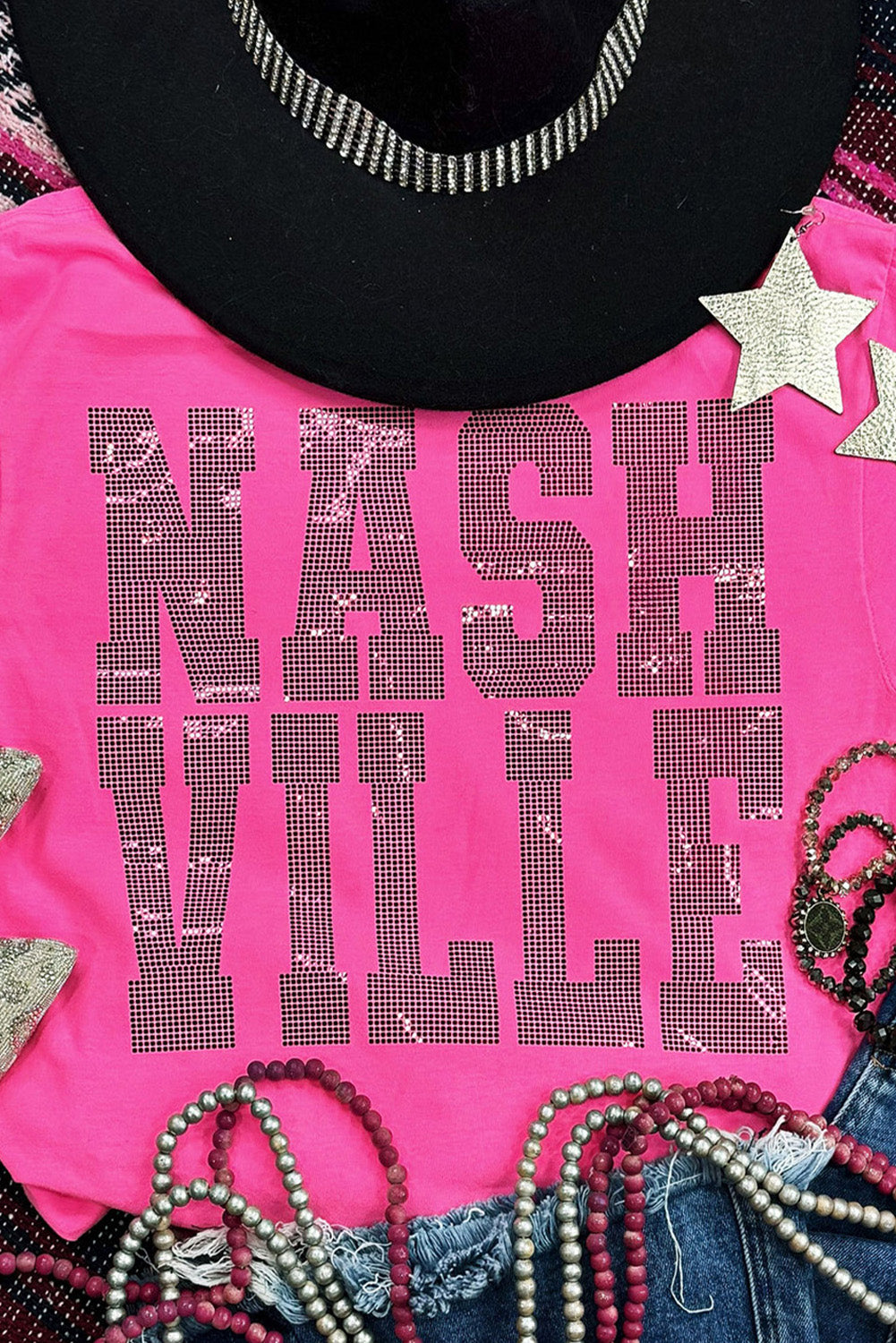 T-shirt ras du cou à strass NASHVILLE, motif graphique, rouge rose