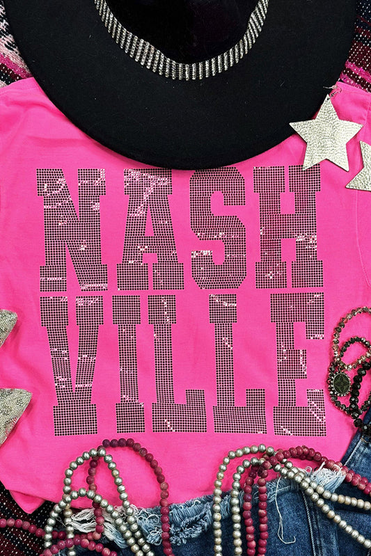 T-shirt ras du cou à strass NASHVILLE, motif graphique, rouge rose