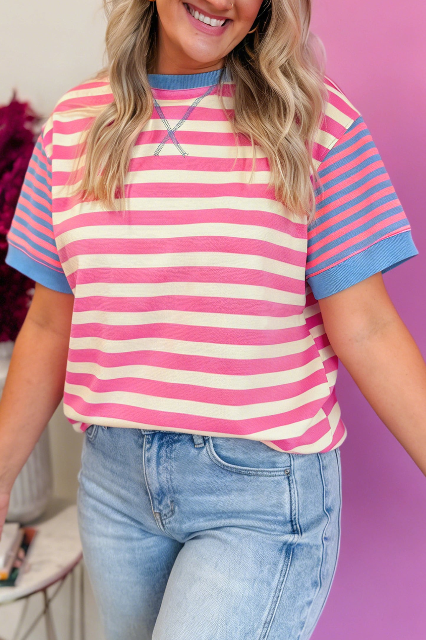 Pink Stripe Contrast Patchwork Short Sleeve Loose Tee