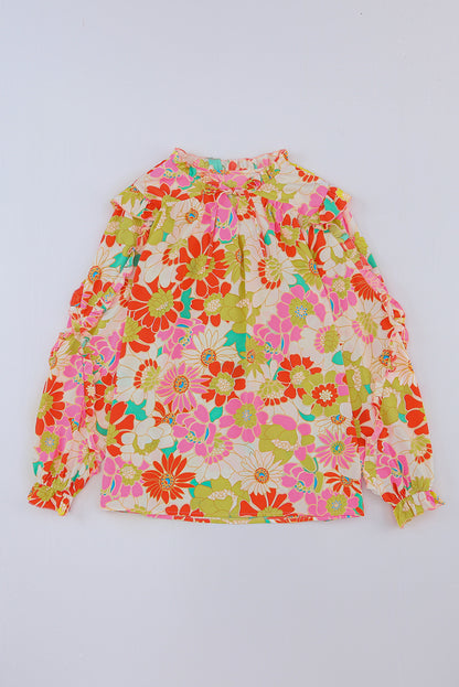 Top floral con mangas acampanadas y cuello levantado multicolor