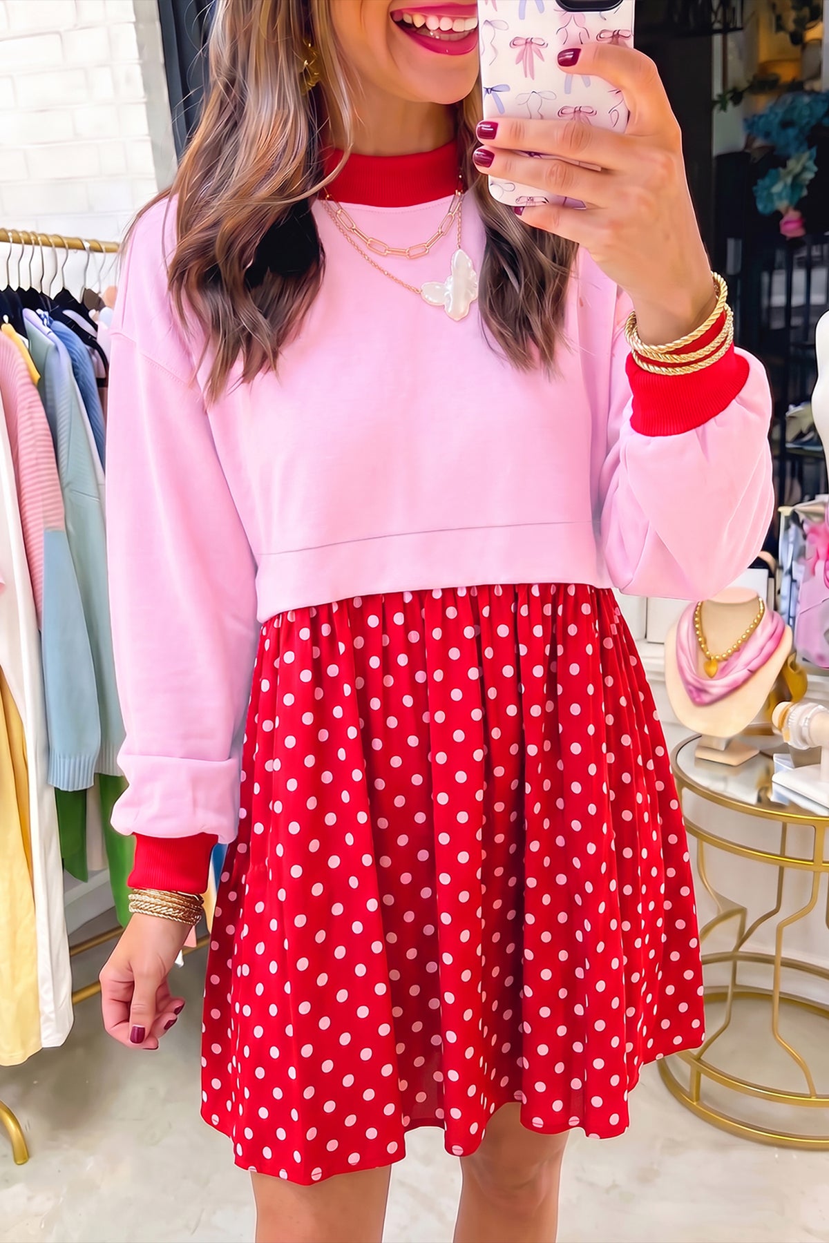Pink Color Block Long Sleeve Polka Dot Contrast Pleated Mini Dress