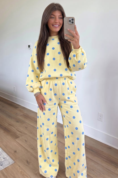 Yellow Polka Dot Puff Sleeve Top Casual Pants 2pcs Set