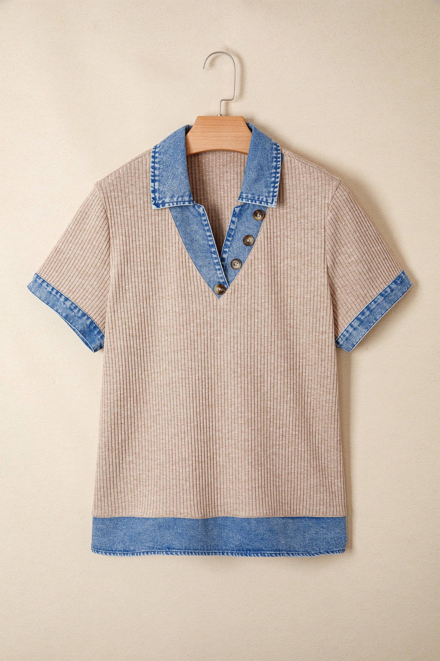 Beige Ribbed Knit Denim Color Block Patchwork Button Detail Collared Blouse