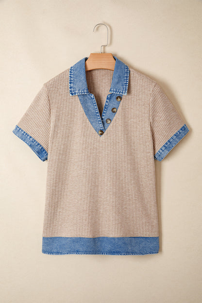 Beige Ribbed Knit Denim Color Block Patchwork Button Detail Collared Blouse