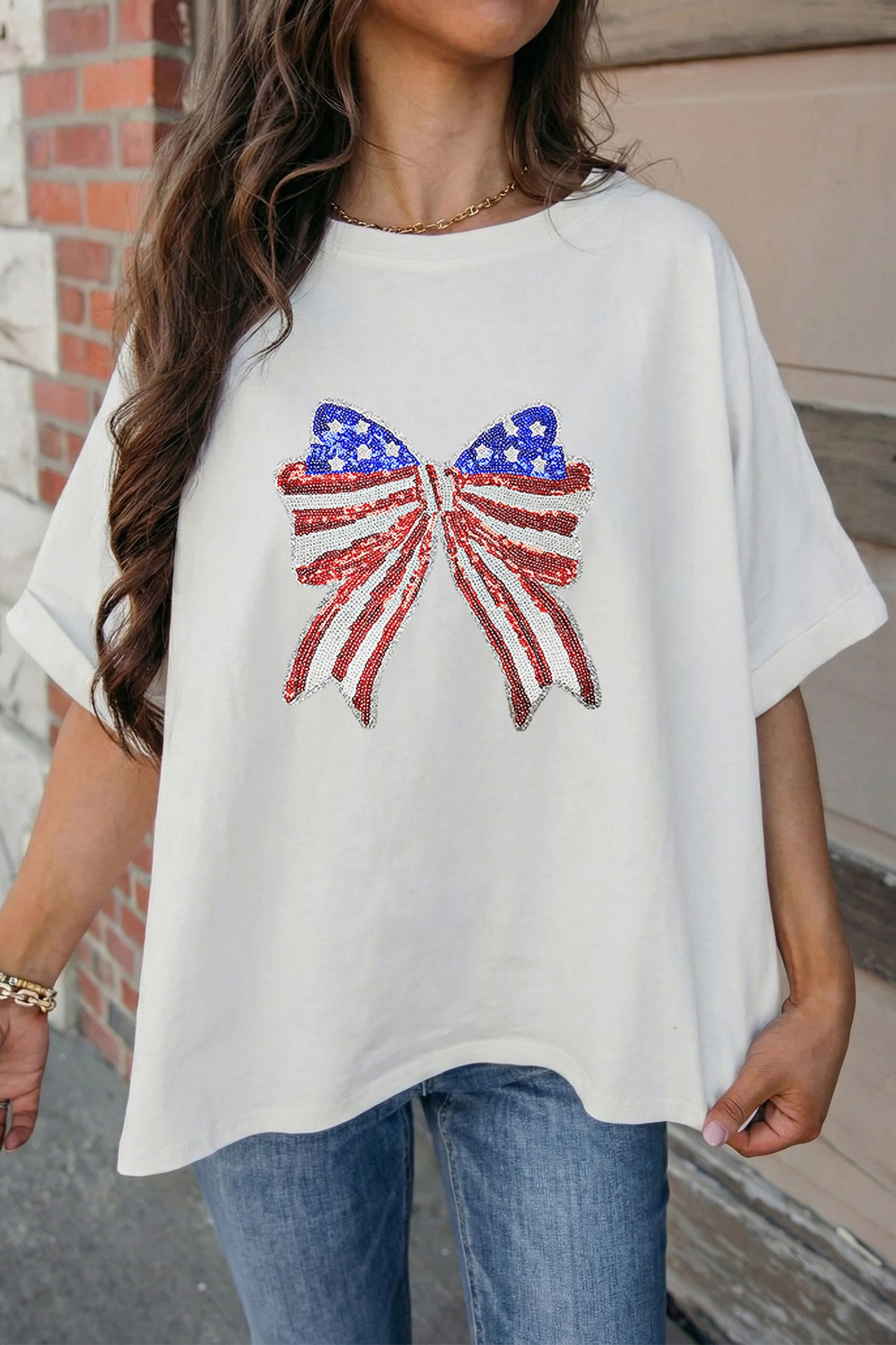 White Patriotic Sequin Bow Graphic Oversized Tee