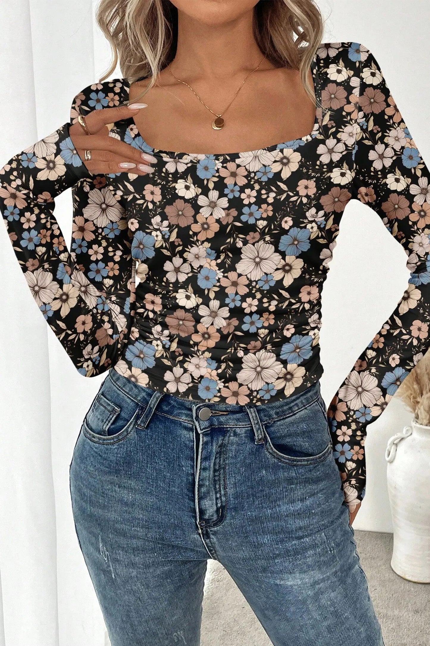 Black Floral Print Slim Long Sleeve T Shirt