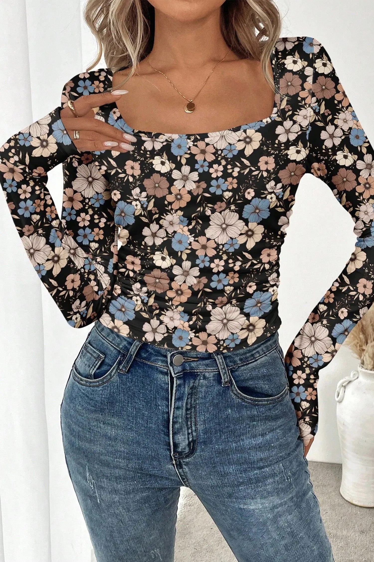 Black Floral Print Slim Long Sleeve T Shirt
