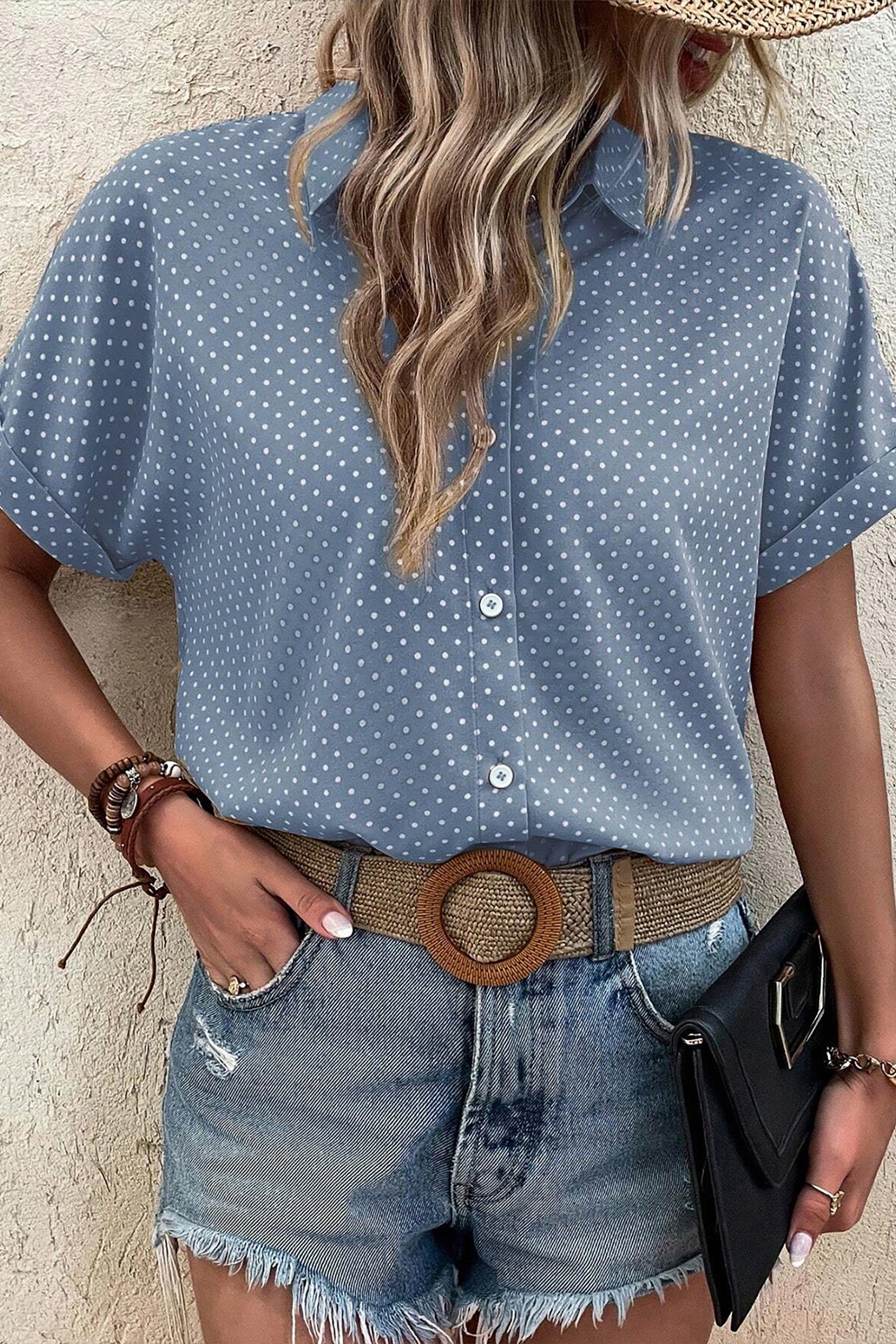 Sky Blue Dotted Print Cuffed Short Sleeve Shirt