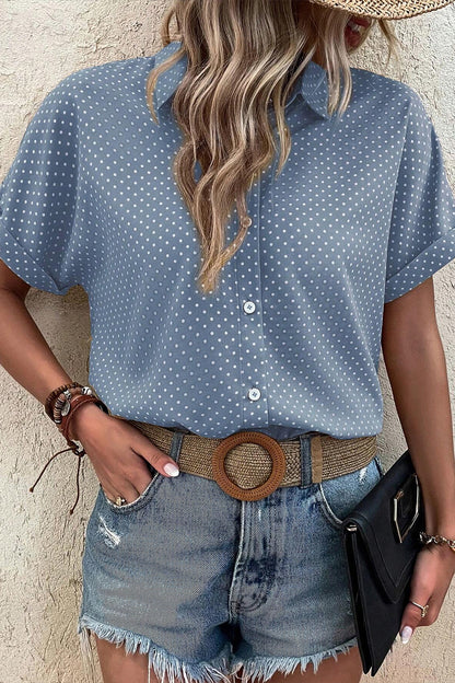 Sky Blue Dotted Print Cuffed Short Sleeve Shirt