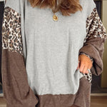 Gray Color Block Leopard Patchwork Dolman Sleeve High Low Baggy Sweatshirt