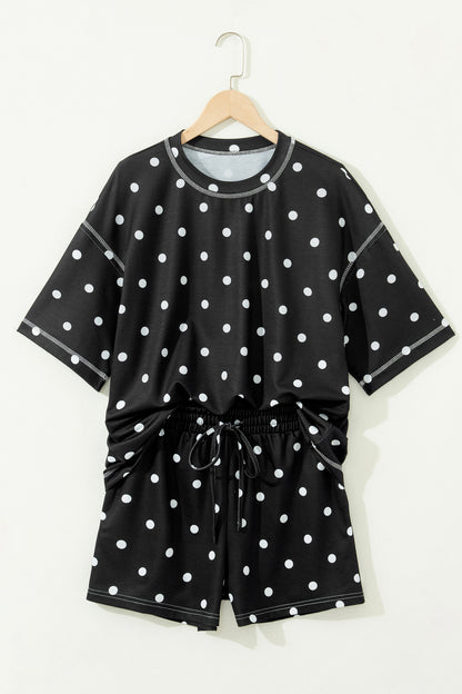 Black Polka Dot Short Sleeve Loose Top Drawstring Shorts Set
