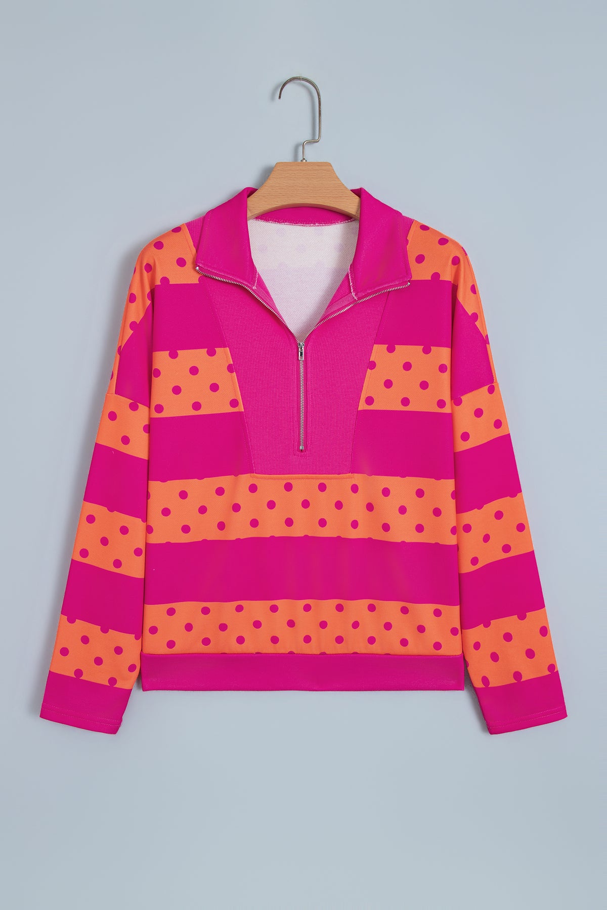 Pink Stripe Patchwork Polka Dot Accent Quarter Zip Long Sleeve Top