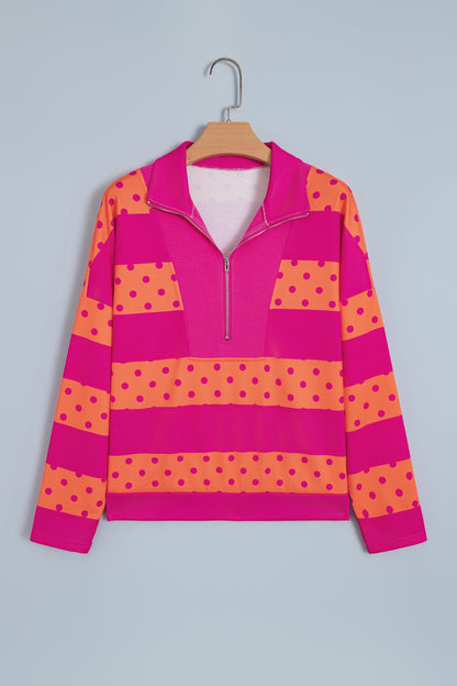 Pink Stripe Patchwork Polka Dot Accent Quarter Zip Long Sleeve Top