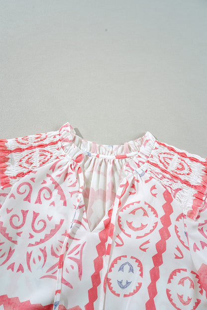 Chemisier à manches bouffantes et col poète smocké imprimé vintage fleur du désert