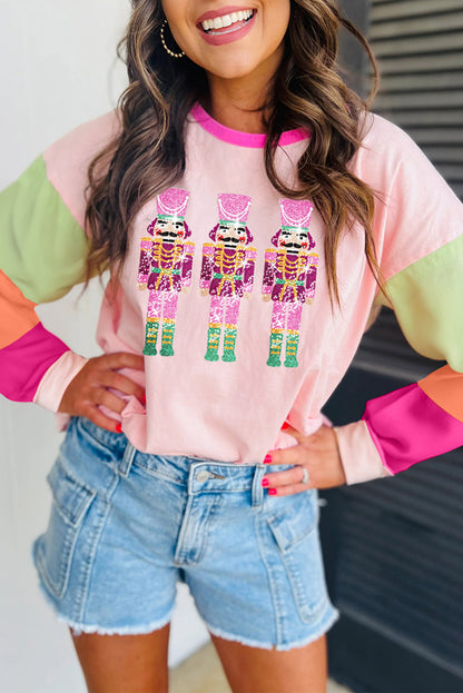 Pink Christmas Sequin Nutcracker Graphic Colorblock Long Sleeve Top