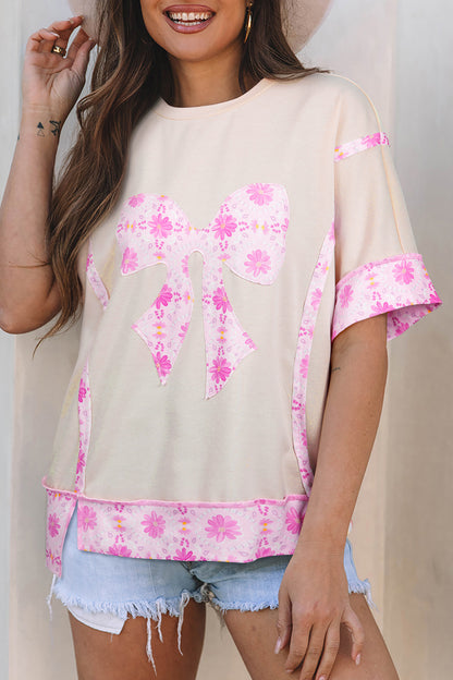 Apricot Daisy Floral Bow Contrast Patchwork Loose T Shirt