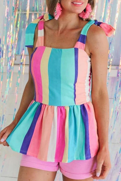 Robe longue à rayures multicolores et bretelles à nœud papillon
