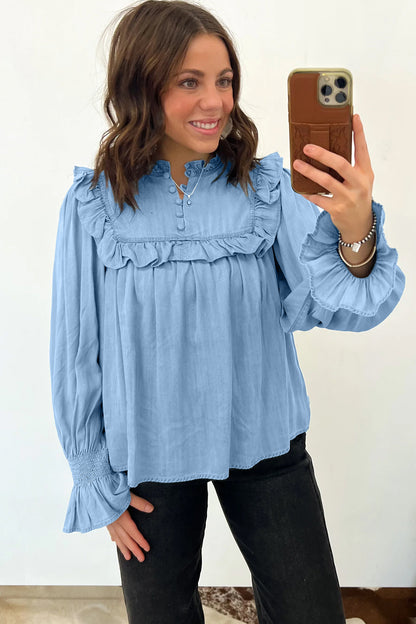 Beau Blue Western Ruffle V Neck Long Sleeve Chambray Blouse